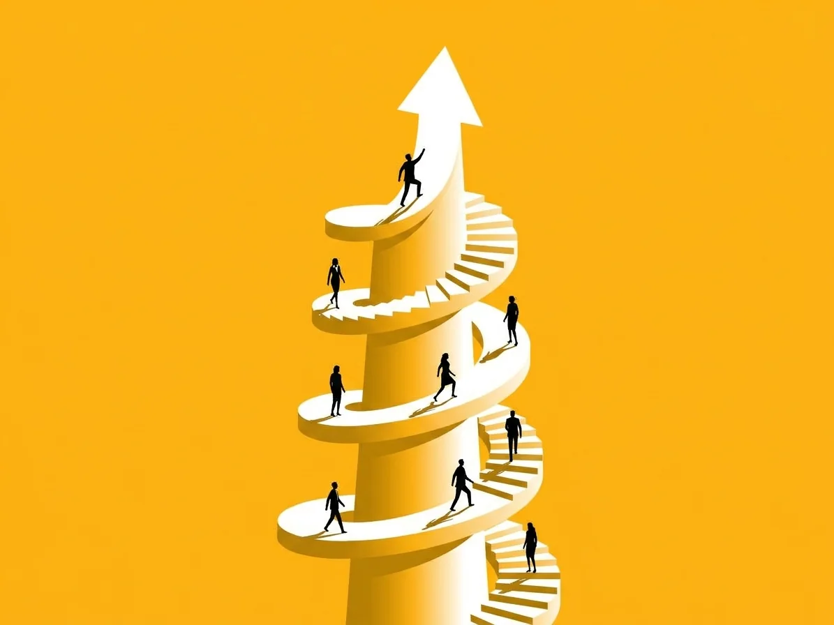 People climbing a spiral path around an upward arrow, representing positioning for growth