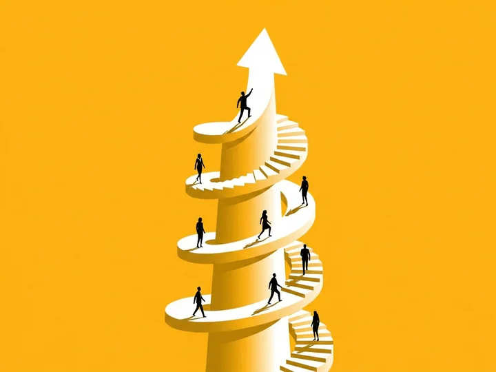 People climbing a spiral path around an upward arrow, representing positioning for growth