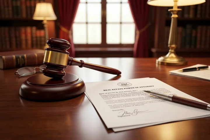 A legal desk with a gavel and a real estate power of attorney document