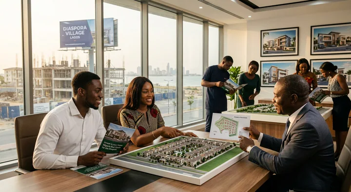 Diaspora investors discussing a Nigerian real estate development with an adviser